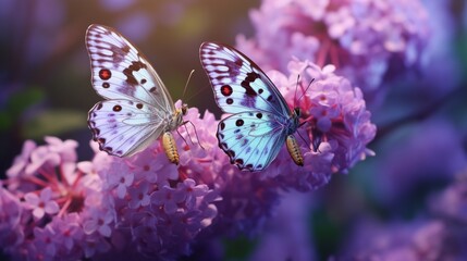 A pair of delicate butterflies alighting on a cluster of lilac blossoms, their wings a tapestry of springtime colors.