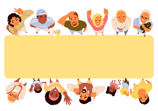 Positive people of different age and nationality standing in rectangle top view