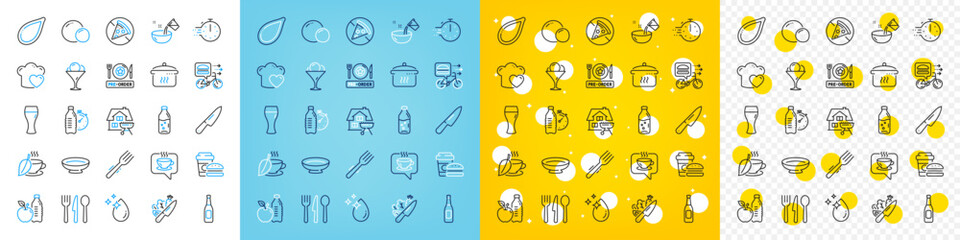 Vector icons set of Beer glass, Pre-order food and Food line icons pack for web with Love cooking, Water drop, Beer outline icon. Mint tea, Water bottle, Knife pictogram. Home grill, ForkPeas. Vector