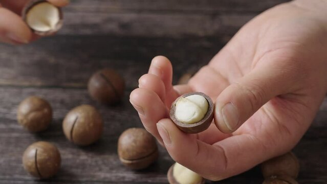 Peel the macadamia nuts by hand 
 on wooden background.