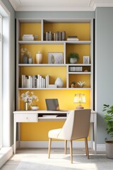 Yellow home office with shelves and a desk, in the style of light gray and light gold, soft renderings, polished craftsmanship, bright and bold color palette