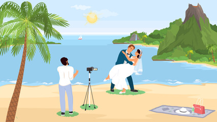 Obraz na płótnie Canvas Wedding photograph taking photo of just married couple on tropical beach