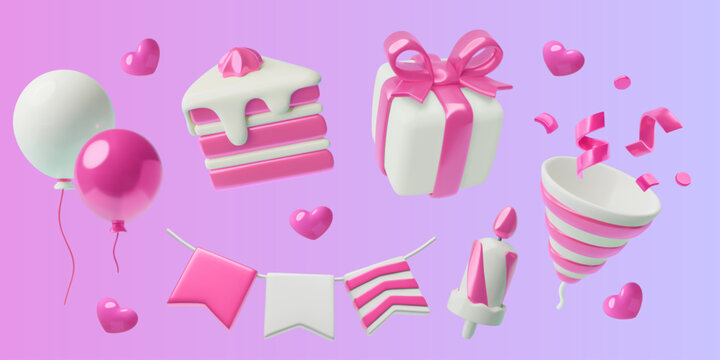 Girl's birthday 3D pink party decorations set. Toy plastic three dimensional holiday icons for Valentine's day or baby shower. Balloons, gift box, cake piece, garland, party popper, confetti, hearts.
