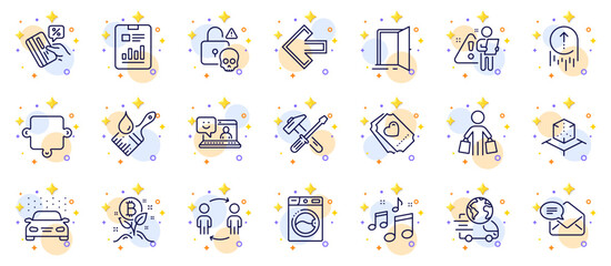 Outline set of New mail, Open door and Puzzle line icons for web app. Include Brush, Car wash, Buyer pictogram icons. Left arrow, Report document, Washing machine signs. Smile, Music. Vector