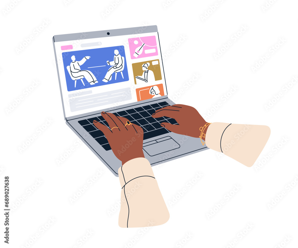 Poster Watching online video on laptop screen, commenting. Hands work on computer keyboard. Internet webinar, lesson on PC display. Watch virtual lesson. Flat vector illustration isolated on white background