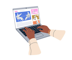 Watching online video on laptop screen, commenting. Hands work on computer keyboard. Internet webinar, lesson on PC display. Watch virtual lesson. Flat vector illustration isolated on white background
