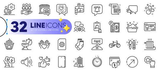 Outline set of Time, Radiator and Megaphone line icons for web with Bicycle, Like, Payment card thin icon. Fake review, Inspect, Socks pictogram icon. File management, Direction. Vector