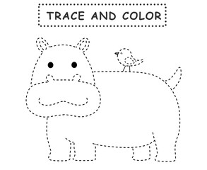 Trace and color for children. Handwriting practice. Coloring page for kids. Preschool worksheet with cute hippopotamus illustration.