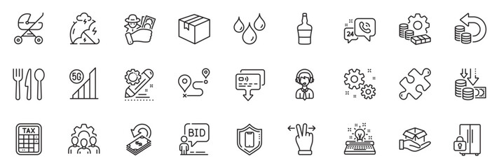 Icons pack as Shipping support, Scotch bottle and Smartphone protection line icons for app include Tax calculator, Fraud, Puzzle outline thin icon web set. Typewriter, Food. Vector