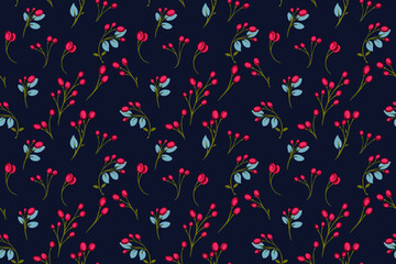 Seamless stylized, abstract with tiny red berries, drops and leaves pattern. Vector hand drawn cute berries scattered randomly on a black background.