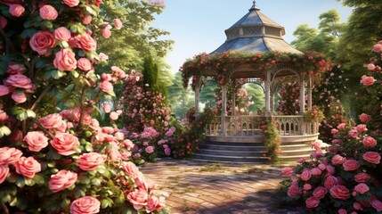 A picturesque gazebo nestled in a garden of blooming roses, an enchanting spot to savor the beauty of spring.