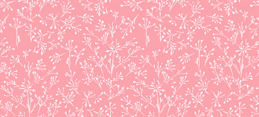 Abstract, minimalist, contemporary floral stems seamless pattern. Vector hand drawn sketch silhouettes shapes, spots and lines. Simple tiny branches on a pink background print.