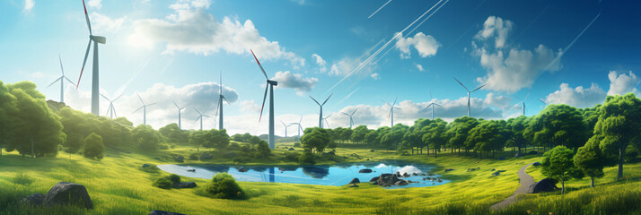Sustainable Future Concept with Solar Panels and Wind Turbines in a Lush Green Landscape - obrazy, fototapety, plakaty