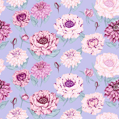 Seamless vector hand drawn pattern of flowers peonies, dahlias with leaves. Artistic, feminine, pastel floral on a blue background print. Design for textile, fashion, fabric, wallpaper