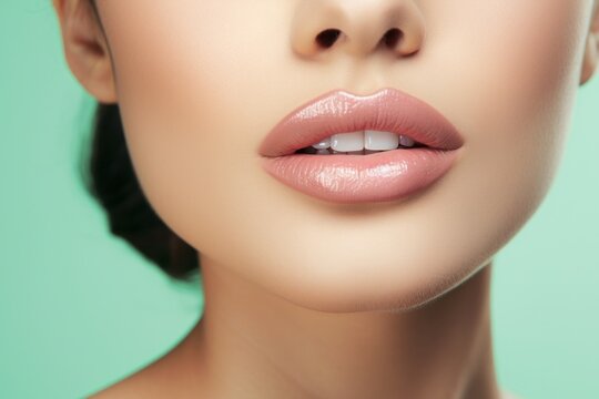 Young woman with beautiful sensual lips on light green background