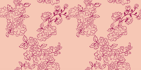 Seamless abstract, artistic, simple, flowers branches pattern. Vector hand drawn sketch lines, outlines floral. Template for textile, fashion, print, surface design, fabric, wallpaper
