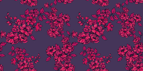 Seamless artistic, abstract red floral pattern. Blooming field in many kinds flowers. Vector hand drawn. Template for textile, fashion, print, surface design, fabric, indoor decor, wallpaper