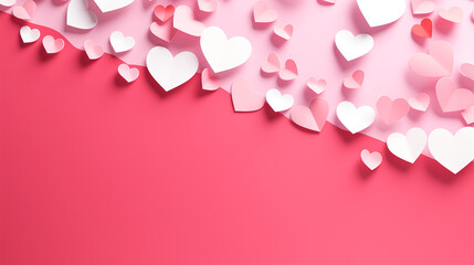 Paper hearts scattered on pink background, Valentine's Day wallpaper, shallow field of view and copy space.
