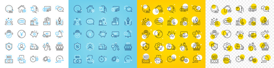 Vector icons set of Yen money, Bitcoin chart and 360 degrees line icons pack for web with Squad, Gears, Filling station outline icon. Report, Time schedule, Employees group pictogram. Vector