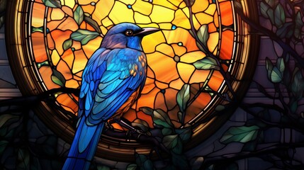 Stained glass window, beautiful bird - obrazy, fototapety, plakaty