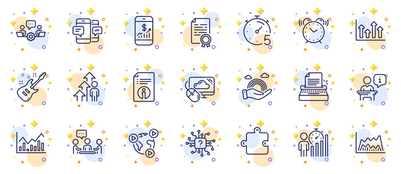 Outline set of Puzzle, Business statistics and Video conference line icons for web app. Include Infochart, Smartphone sms, Alarm clock pictogram icons. Artificial intelligence. Vector