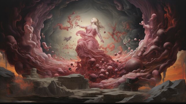 Oniric painting, girl vintage painting wall background