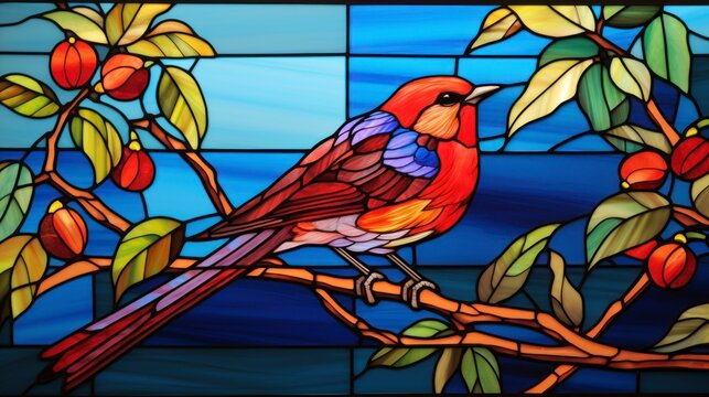 Stained glass window, robin background
