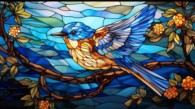 Stained glass window with a wonderful modern bird fly