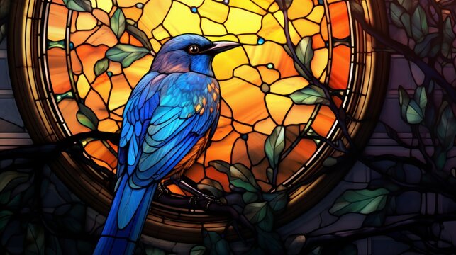 Stained glass window, beautiful bird