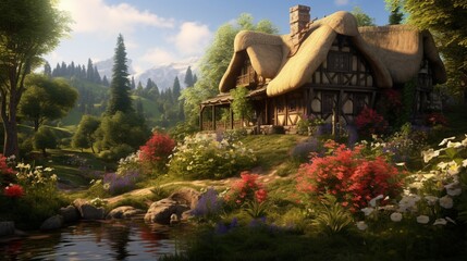 Fototapeta na wymiar A quaint cottage nestled among blooming wildflowers, a picturesque scene of springtime serenity.