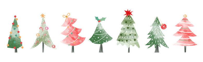 Set of watercolor decorative christmas tree vector illustration. Elements of ornamental balls, decorative light, star, candy cane, holly. Design for card, comic, print, poster, banner, decoration.
