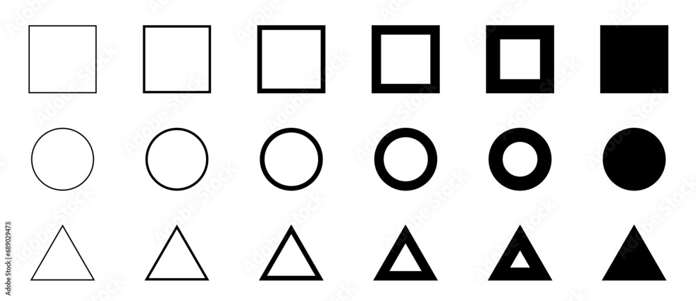 Wall mural rectangle square , circle and triangle set from thin to thick line. set of geometric shapes form. ve