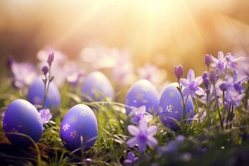 Beautiful pastel purple eggs and flowers in spring grass meadow over blue sky with sun.