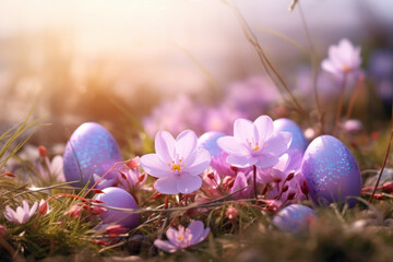 Beautiful pastel purple eggs and flowers in spring grass meadow over blue sky with sun.