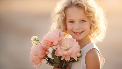 Naklejka premium Little blonde girl wearing white dress holding pink flowers for her mom on sunny summer day. Summer fun for family with kids outdoor.