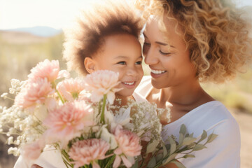 Beautiful mother and child holding pink flowers on sunny summer day. Summer fun for family with kids outdoor.