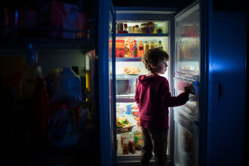 Kid in front of an opened refrigerator full of vibrant food, at night searching for a snack. Ai generated - obrazy, fototapety, plakaty