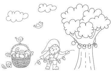 Coloring Page For Kids Featuring A Cheerful Gnome Stringing Mushrooms To Dry Them