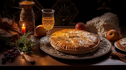 Twelfth Night Cake, galette des rois, cider glass, on a table,  - obrazy, fototapety, plakaty