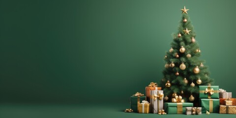 Christmas tree with gifts on a green background, greeting card