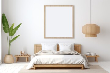 The interior of a bedroom with a Scandinavian-style bed with a frame layout on the wall