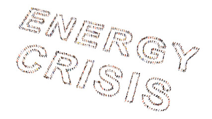 Concept or conceptual large community of people forming ENERGY CRISIS message. 3d illustration metaphor for energy shortages due to war, russian sanctions, coal dependency and  drought