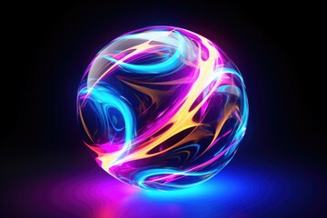 Abstract multicolored energy sphere made of particles and waves of magical glow on a dark background