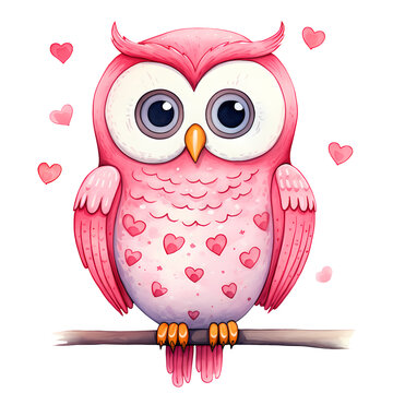 Cute Owl Valentine Pink Watercolor Clipart Illustration