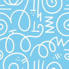 Seamless abstract pattern on blue background. Vector doodle image. Graphic linear wallpaper.