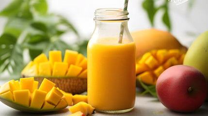 Mango smoothie with raw pieces in glass bottle on light background with fresh fruits.