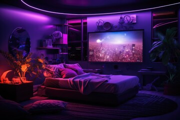 Interior of a room with a bed and neon lighting