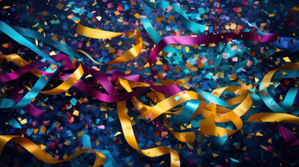 Abstract background with confetti on colorful ribbons on dark background