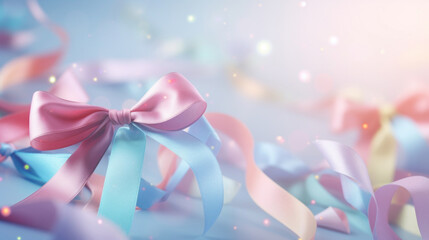Confetti of pastel pink and blue ribbons on a bokeh background. Valentine's day backdrop