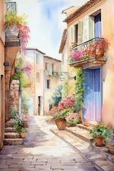 Fototapeta na wymiar Watercolor Provence streets with windows and houses
